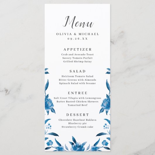 Blauw & wit waterverf bloemenbruiloft menu (Voorkant)