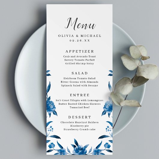 Blauw & wit waterverf bloemenbruiloft menu