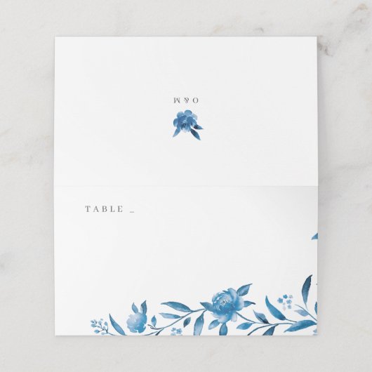 Blauw & wit waterverf bloemenbruiloft plaats kaart plaatskaartje (Buitenkant ongevouwen)