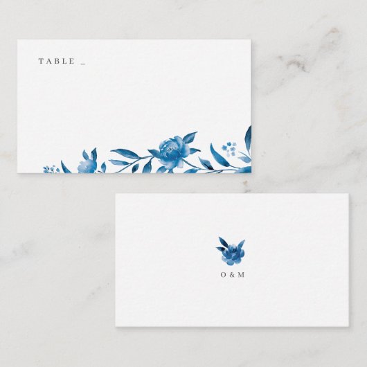 Blauw & wit waterverf bloemenbruiloft plaats kaart plaatskaartje (Voorkant / Achterkant)