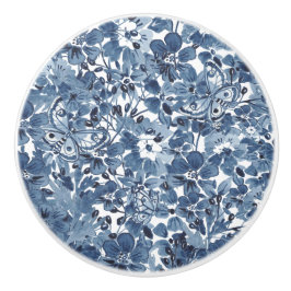 Blauw & Wit Waterverf Bloemenvlinder Elegant Keramische Knop