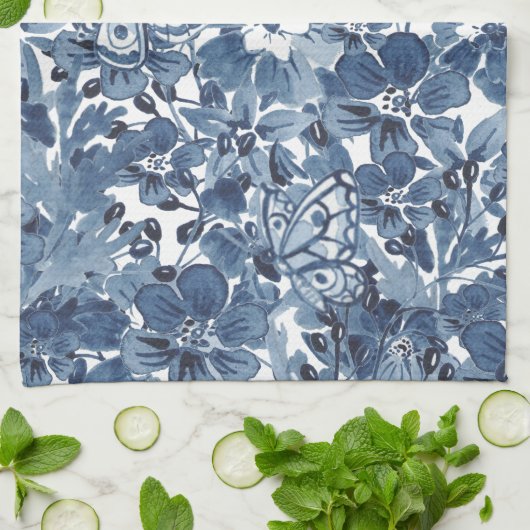 Blauw & Wit Waterverf Bloemenvlinder Elegant Theedoek (Gevouwen)