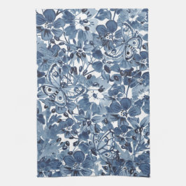 Blauw & Wit Waterverf Bloemenvlinder Elegant Theedoek