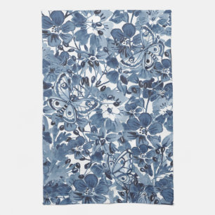 Blauw & Wit Waterverf Bloemenvlinder Elegant Theedoek