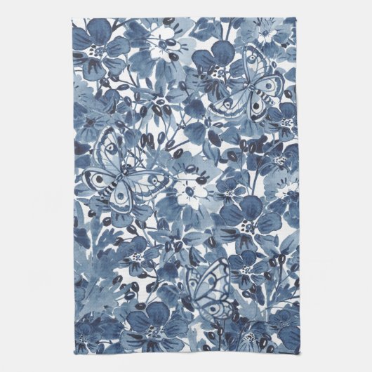 Blauw & Wit Waterverf Bloemenvlinder Elegant Theedoek (Verticaal)