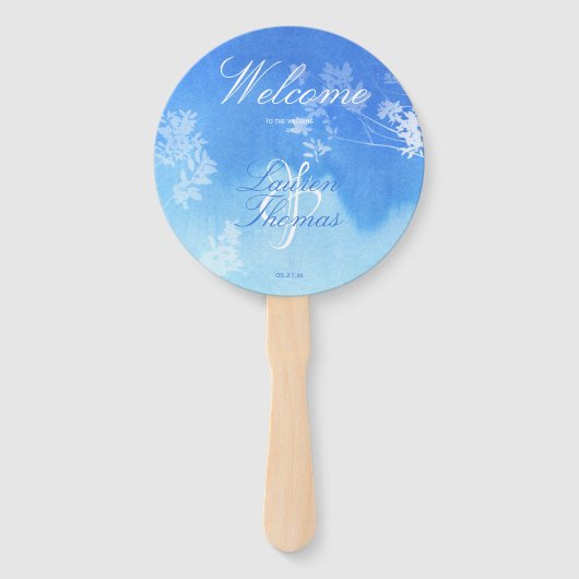 Blauw & Wit Waterverf Delicaat Bladgroen Handwaaier (Voorkant)