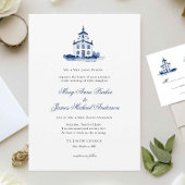 Blauw-wit waterverf Kapel Christelijke bruiloft Kaart