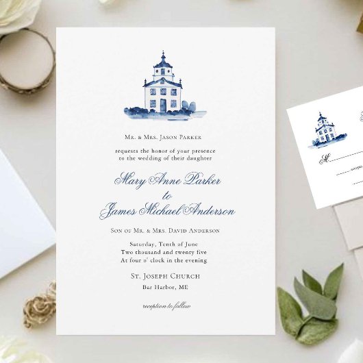 Blauw-wit waterverf Kapel Christelijke bruiloft Kaart