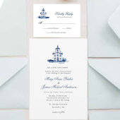 Blauw-wit waterverf Kapel Christelijke bruiloft Kaart