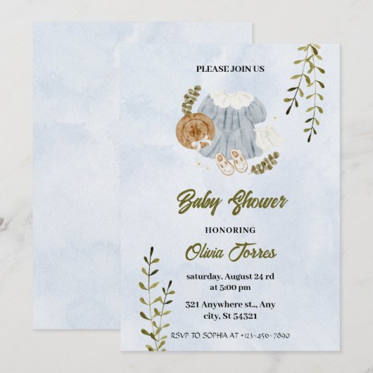 Blauw Wit Waterverf Kleding Baby shower Kaart (Voorkant / Achterkant)