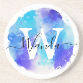 Blauw Wit Waterverf Monogram Script Zandsteen Onderzetter (Voorkant)