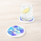 Blauw Wit Waterverf Monogram Script Zandsteen Onderzetter (Zijkant)