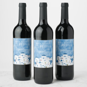 Blauw & Wit Waterverf Santorini Griekenland Bruilo Wijn Etiket