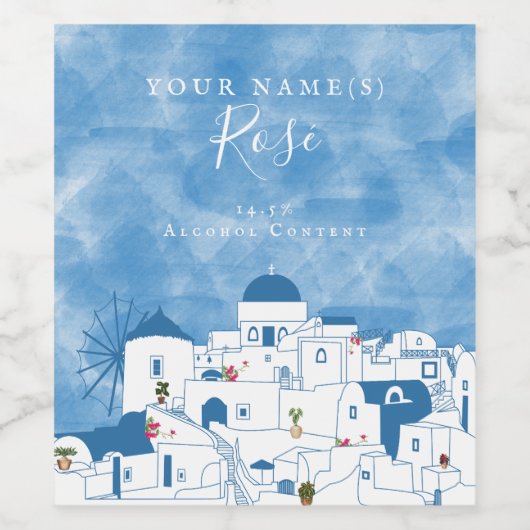 Blauw & Wit Waterverf Santorini Griekenland Bruilo Wijn Etiket (Enkel label)