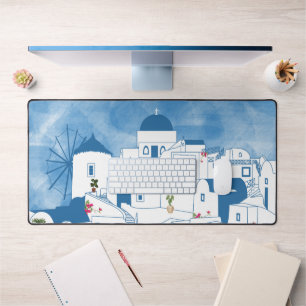 Blauw & Wit Waterverf Santorini Griekenland Bureaumat