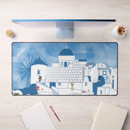 Blauw & Wit Waterverf Santorini Griekenland Bureaumat (Kantoor 1)