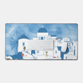 Blauw & Wit Waterverf Santorini Griekenland Bureaumat (Keyboard & Muis)