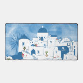 Blauw & Wit Waterverf Santorini Griekenland Bureaumat (Voorkant)