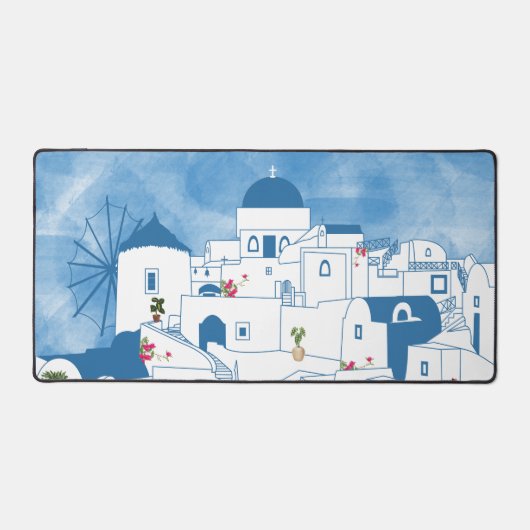 Blauw & Wit Waterverf Santorini Griekenland Bureaumat (Voorkant)