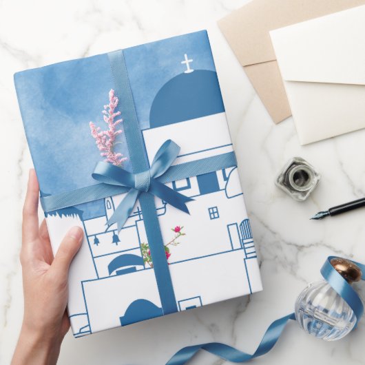 Blauw & Wit Waterverf Santorini Griekenland Cadeaupapier (Geschenken)