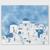 Blauw & Wit Waterverf Santorini Griekenland Cadeaupapier (Vlak)