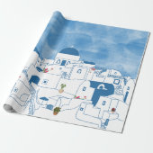 Blauw & Wit Waterverf Santorini Griekenland Cadeaupapier (Uitgerold)