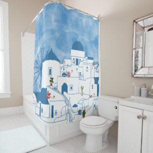 Blauw & Wit Waterverf Santorini Griekenland Douchegordijn