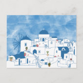 Blauw & Wit Waterverf Santorini Griekenland Feestdagenkaart (Voorkant)