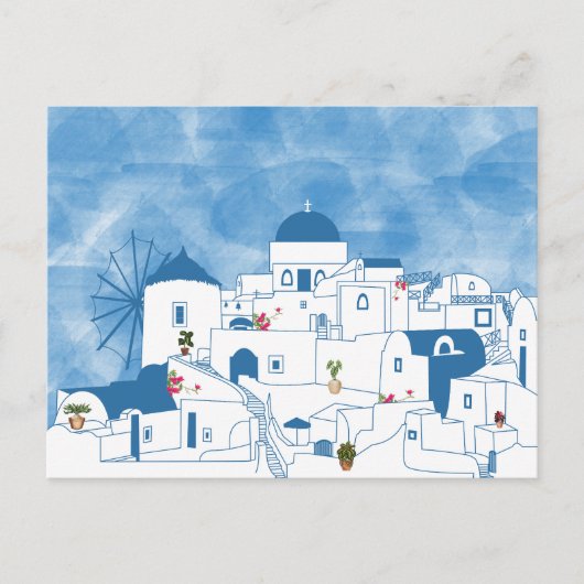 Blauw & Wit Waterverf Santorini Griekenland Feestdagenkaart (Voorkant)