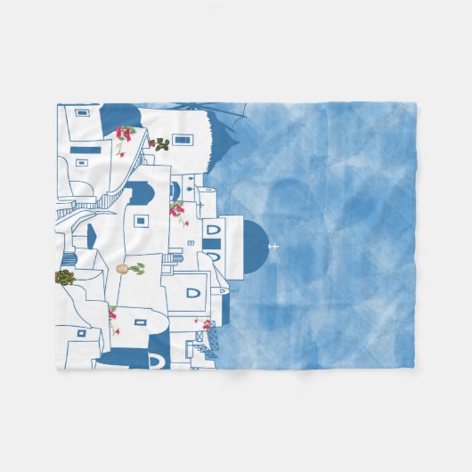 Blauw & Wit Waterverf Santorini Griekenland Fleece Deken (Voorkant (Horizontaal))