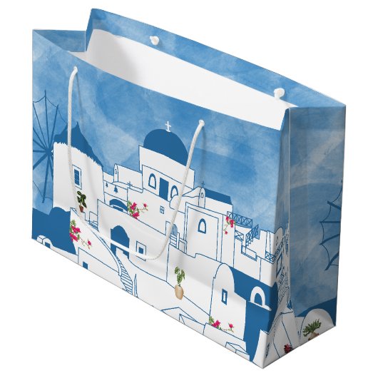 Blauw & Wit Waterverf Santorini Griekenland Groot Cadeauzakje (Voorkant Gekanteld)