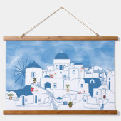 Blauw & Wit Waterverf Santorini Griekenland Hangend Wandkleed (Voorkant)
