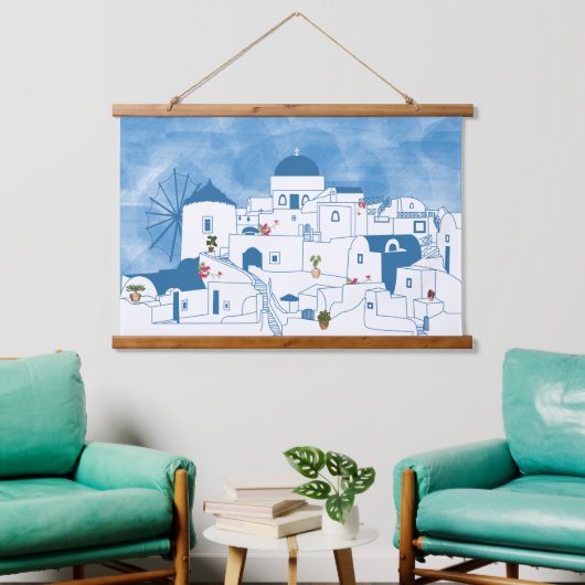 Blauw & Wit Waterverf Santorini Griekenland Hangend Wandkleed (Woonkamer)