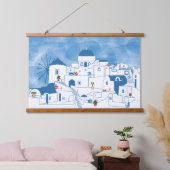 Blauw & Wit Waterverf Santorini Griekenland Hangend Wandkleed (Slaapkamer)