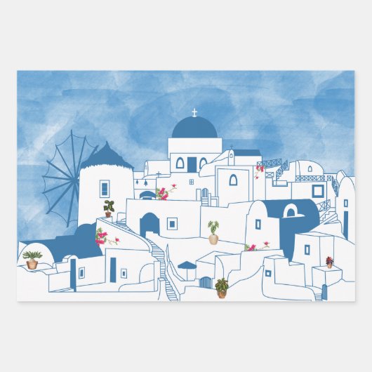 Blauw & Wit Waterverf Santorini Griekenland Inpakpapier Vel (Voorkant 3)