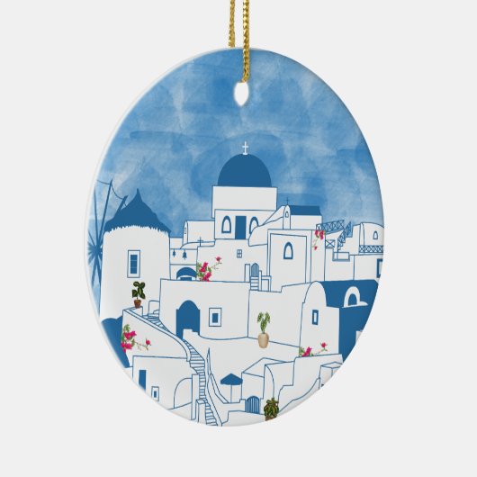Blauw & Wit Waterverf Santorini Griekenland Keramisch Ornament (Rechts)