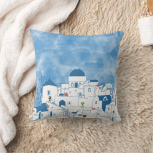 Blauw & Wit Waterverf Santorini Griekenland Kussen