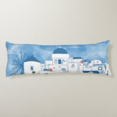 Blauw & Wit Waterverf Santorini Griekenland Lichaamskussen (Achterkant)