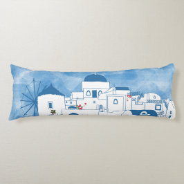 Blauw & Wit Waterverf Santorini Griekenland Lichaamskussen