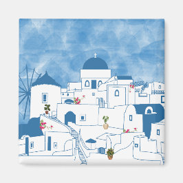 Blauw & Wit Waterverf Santorini Griekenland Magneet
