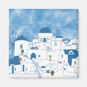 Blauw & Wit Waterverf Santorini Griekenland Magneet