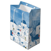 Blauw & Wit Waterverf Santorini Griekenland Medium Cadeauzakje (Voorkant Gekanteld)