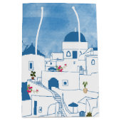 Blauw & Wit Waterverf Santorini Griekenland Medium Cadeauzakje (Voorkant)