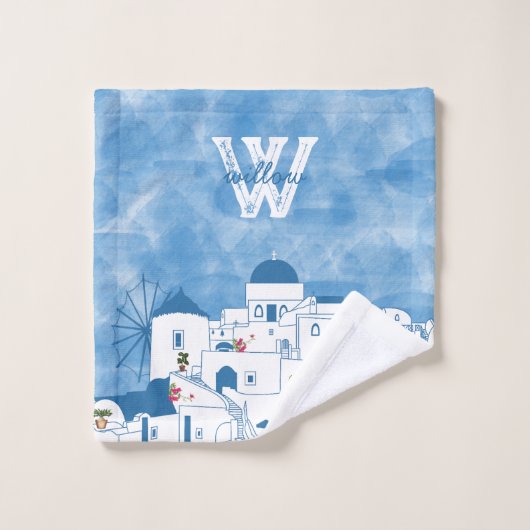 Blauw & Wit Waterverf Santorini Griekenland Monogr Bad Handdoek (Wasdoekje)