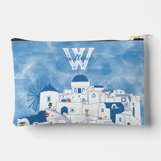 Blauw & Wit Waterverf Santorini Griekenland Monogr Etui (Achterkant)