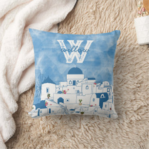 Blauw & Wit Waterverf Santorini Griekenland Monogr Kussen