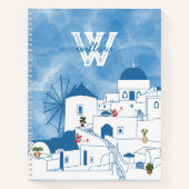 Blauw & Wit Waterverf Santorini Griekenland Monogr Notitieboek (Voorkant)