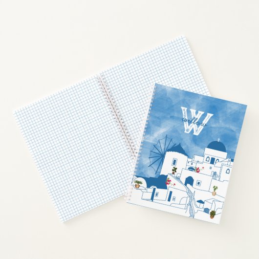 Blauw & Wit Waterverf Santorini Griekenland Monogr Notitieboek (Binnen)