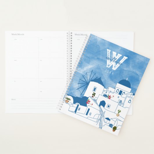 Blauw & Wit Waterverf Santorini Griekenland Monogr Planner (Display)