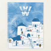 Blauw & Wit Waterverf Santorini Griekenland Monogr Planner (Voorkant)
